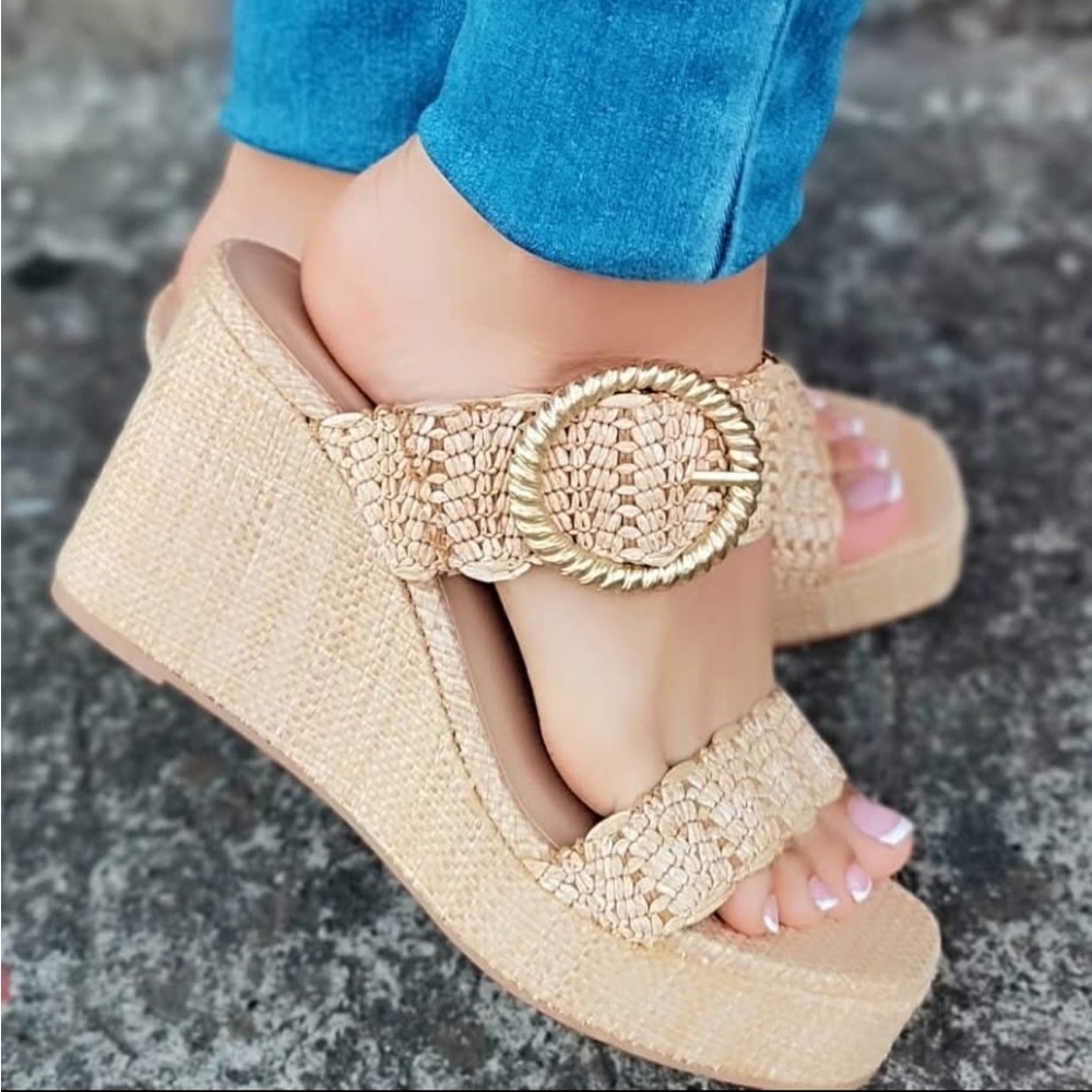 Soda “Ilana” High Wedge Raffia Sandals- 7.5
